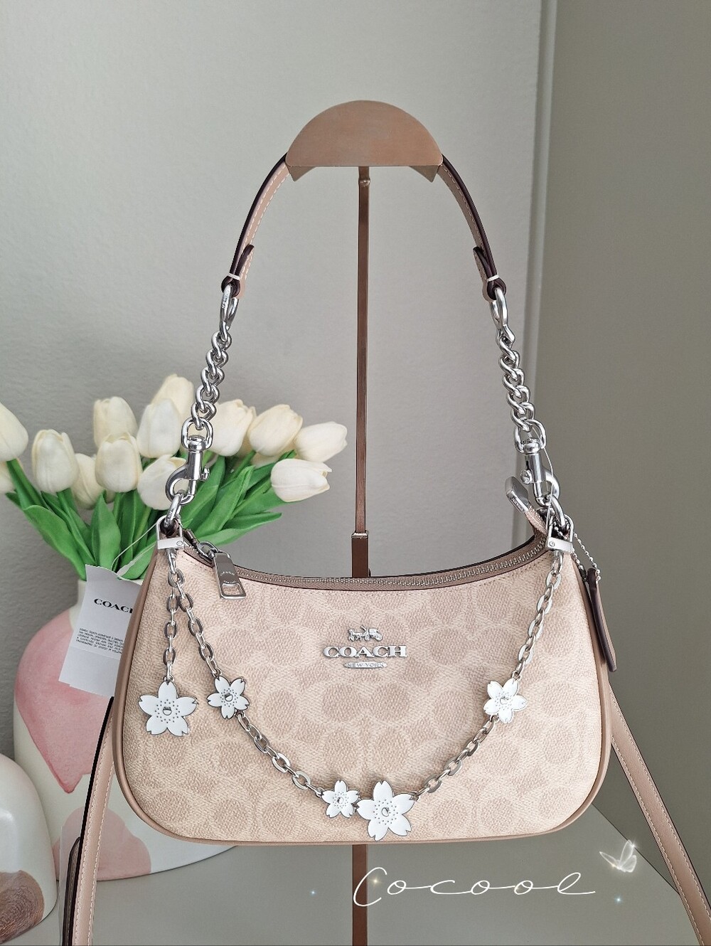 NWT Coach Teri Shoulder Bag In Signature Canvas Silver /Sand/Taupe Floral Chain